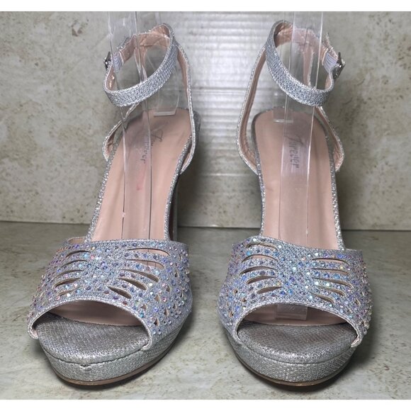 Silver Rhinestone Embellished High Showgirl Heel Sandals Ankle Strap Peep Toe - Picture 2 of 10